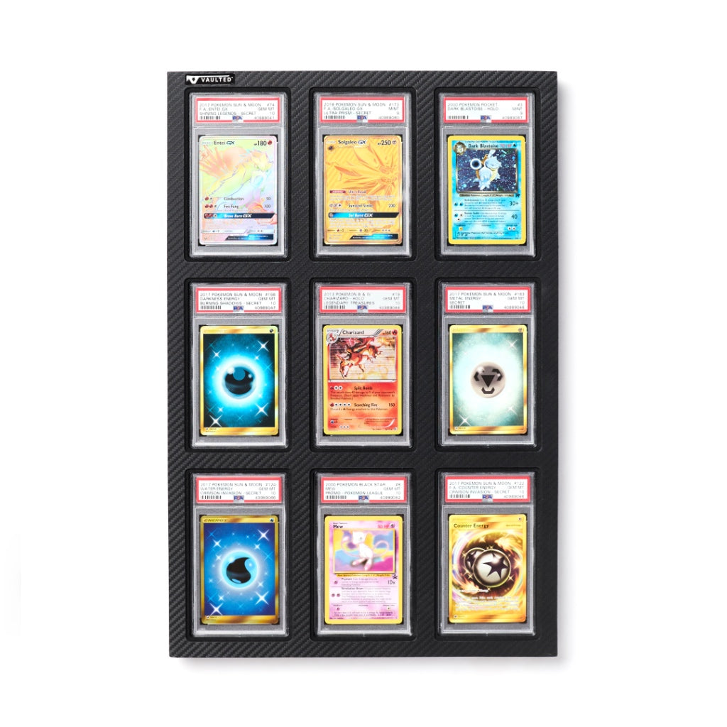 The Display Vault Air Card Edition - Wall mountable trading card display for baseball cards, Pokemon, and graded slabs. Display full of Pokemon PSA graded baseball cards.