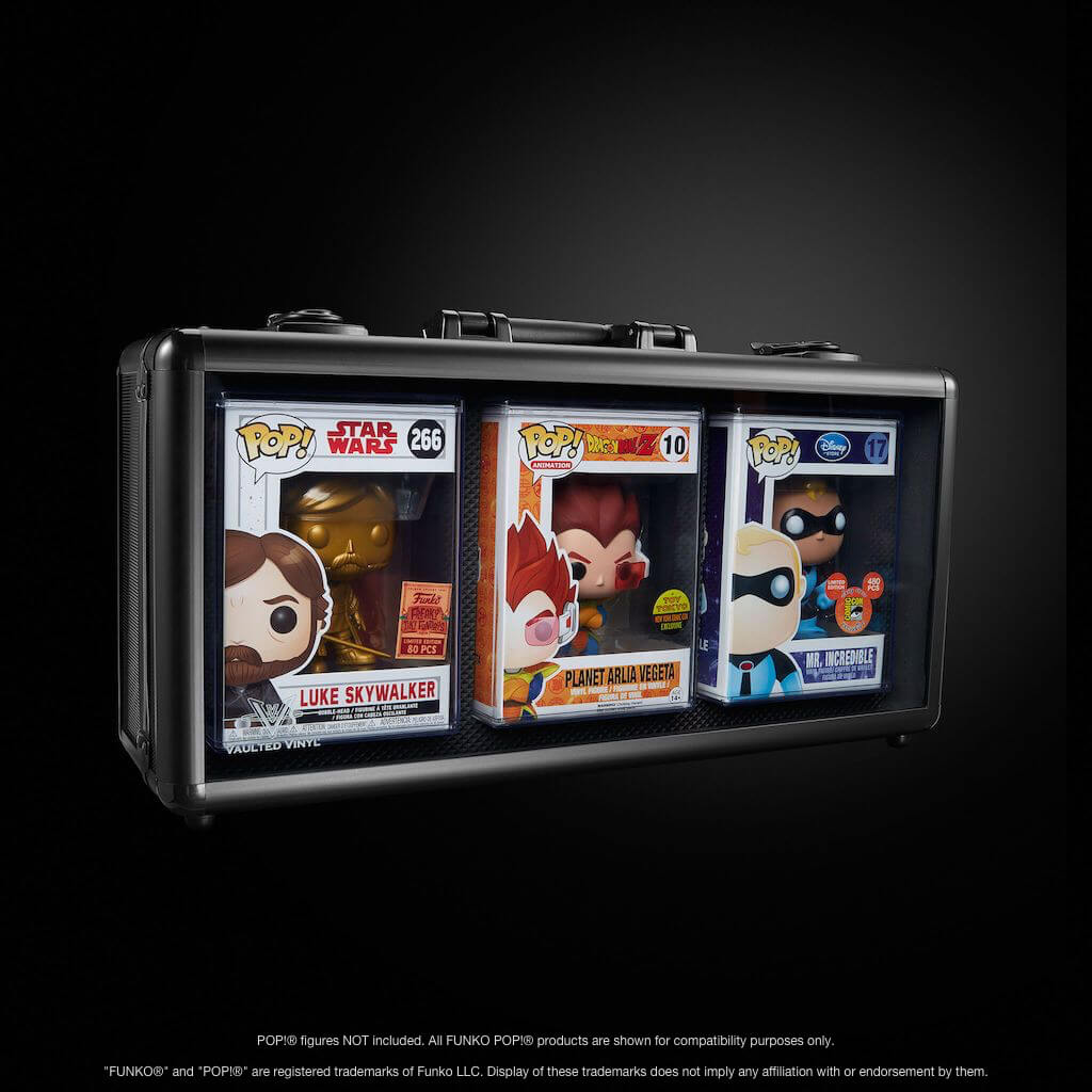 The Display Vault, a protective display case for Funko Pop figures by Vaulted Vinyl with Funko figurine grails Planet Arlia Vegeta, Blue Suit Mr. Incredible, and Gold Luke Skywalker.